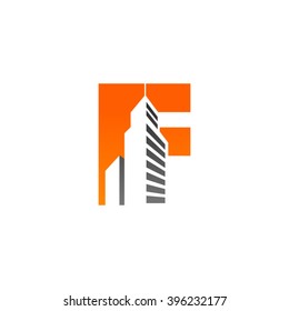 F alphabet building negative space letter logo orange