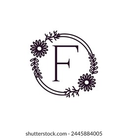 F alfabeto letra mayúscula emblema fuente flor dibujado a mano círculo elegante icono floral iniciales logo diseño