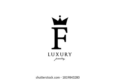 F alphabet letter logo icon in black and white color. Creative design with king crown for luxury or fashion company and business 