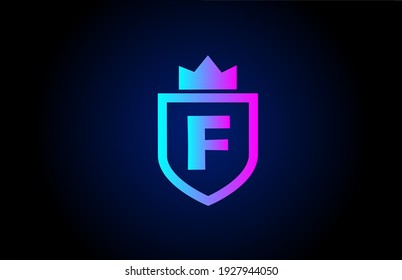 F alphabet letter logo icon for business. Company design with king crown and shield in gradient color for corporate identity