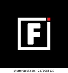 F alphabet letter logo icon in black and white. Company and business design with a square and red dot.