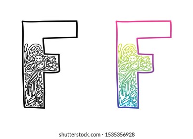 F alphabet letters. Hand drawing ornaments of Nature and florals theme. Best for cosmetic and organic products. Two styles with black and color gradients, separate layers vector illustration.