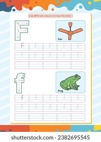 F alphabet tracing practice worksheet. Educational coloring book page with outline vector illustration for preschool