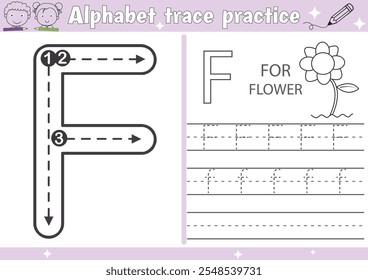 
F alphabet tracing practice worksheet and Flower coloring book page with outline vector for Pre-school Kids