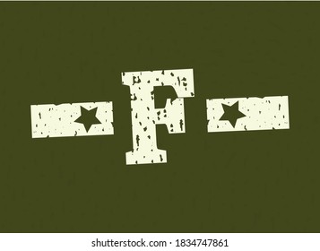 F badge letter Military, Army design with star on camouflage background. Grungy font vector illustration