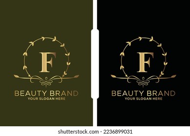 F Beauty vector initial logo, Golden floral letters with flowers leaves and gold splatters isolated on white background. Vector illustration for wedding, greeting cards, invitations template design