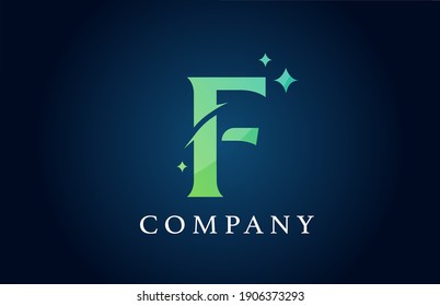 F blue green gradient alphabet letter logo for business. Creative corporate identity and lettering. Company branding design with stars