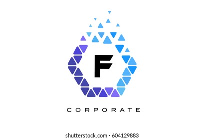 F Blue Hexagon Letter Logo Design with Blue Mosaic Triangles Pattern.