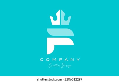 F blue pastel alphabet letter logo icon design with king crown. Creative template for company and business