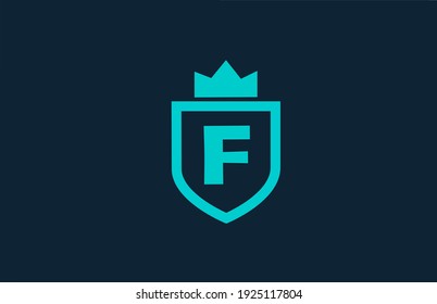 F blue shield alphabet logo icon for company with letter. Creative design for corporate and business with king crown