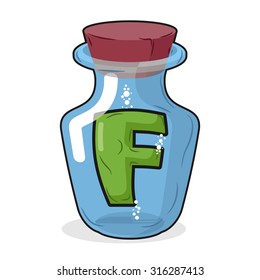 F in  bottle for experiments. writing in container. Laboratory research vessel. Vector illustration letter f for chemical tests.