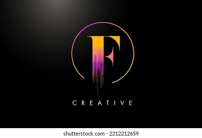 F Brush Stroke Letter Logo Design. Orange Purple Paint Logo Leters Icon with Elegant Circle Vector Design.