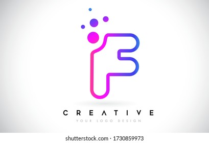F Burbujas Letra Monograma Line Logo con puntos violeta púrpura Vector de diseño de iconos moderno