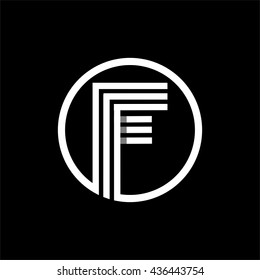 F capital letter made of of three white stripes enclosed in a circle . Overlapping with shadows monogram, logo, emblem. Trendy design.