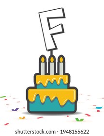 F - Cartoon Birthday Cake and Candle with Big Alphabet.
