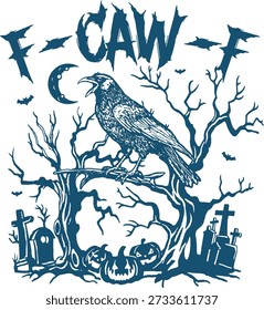 F CAW F Raven Moon Graveyard Halloween Meme Typography Vector Illustration