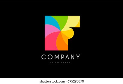 F color colored rainbow mosaic palette letter alphabet logo vector creative company icon design template modern black background