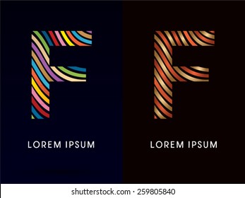F ,colorful font and luxury font ,designed using colorful line on dark background, concept move, wave, water, freestyle, happy, fun, joy, fantasy ,logo, symbol, icon, graphic, vector.