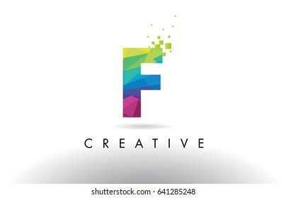 F Colorful Letter Design with Creative Origami Triangles Rainbow Vector.