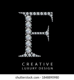 F diamond letter vector illustration. White gem symbol logo for your luxury business, casino, jewelry or web site. Upper letter with many sparkling diamonds isolated on black background.