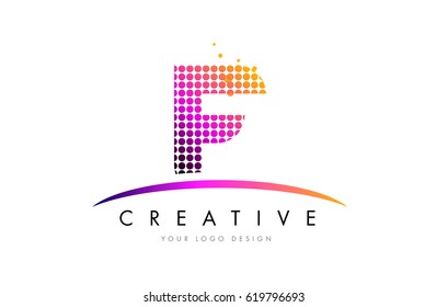 F Dots Letter Logo Design with Magenta Bubble Circles and Swoosh