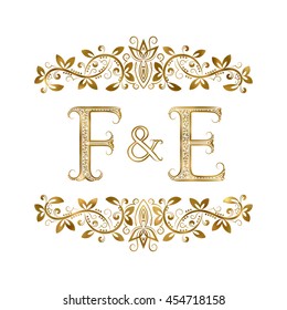 F and E vintage initials logo symbol. The letters are surrounded by ornamental elements. Wedding or business partners monogram in royal style.