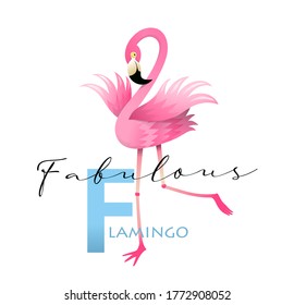 F is for Fabulous Flamingo. Fun colorful english ABC for children. Vocabulary and Letters alphabet Study concept, teaching language cards for teacher. Vector 3d in watercolor style design.