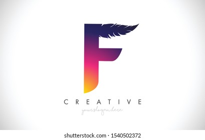F Feather Letter Logo Icon Design With Feather Feather Creative Look Vector Illustration in Purple Magenta Colors.
