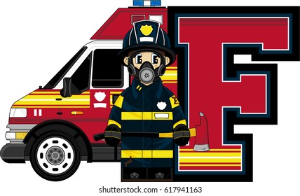 F is for Fireman Alphabet Learning Illustration