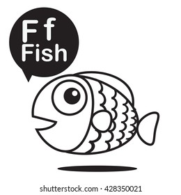 F Fish cartoon and alphabet for children to learning and coloring page vector illustration eps10