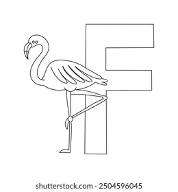 F is for flamingo coloring book page for kids and children. ABC animal outline on white background.