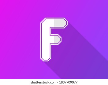 F font letter, modern dynamic design with long shadow on purple gradient background. For logo, brand label, design elements, application and more. Vector illustration