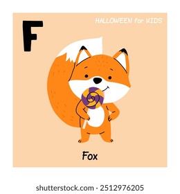 F for fox. ABC for kids education. Cute fox with lollipop for halloween. Cartoon vector illustration.