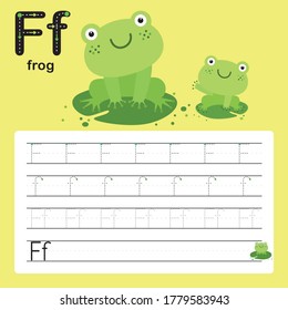 F, frog, Alphabet tracing worksheet for preschool and kindergarten to improve basic writing skills, vector, illustration 