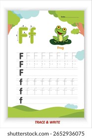 F for Frog Alphabet Tracing and Writing Practice for Kids Printable EPS Vector File with Frog Themed Letter F Activities Preschool Handwriting Worksheets and Kindergarten Fine Motor Skills Development