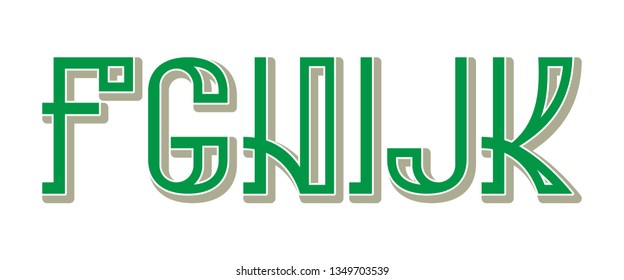 F, G, H, I, J, K green gray letters. Urban artistic font.