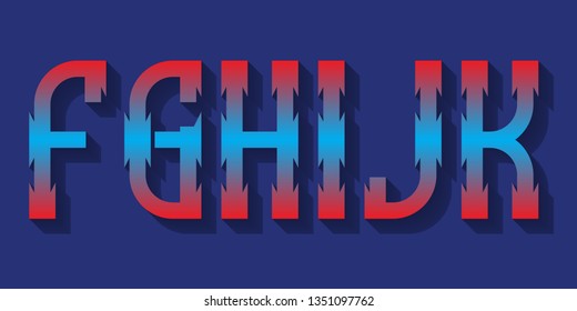 F, G, H, I, J red blue gradient letters with shadow. Urban 3d font.