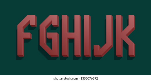 F, G, H, I, J, K red volumetric letters. Urban 3d retro font.