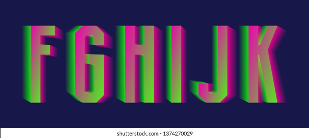 F, G, H, I, J, K green pink blurred letters. Thrilling vibrant font.