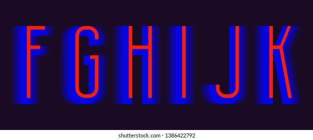 F, G, H, I, J, K red blue layered letters. Urban vibrant font.