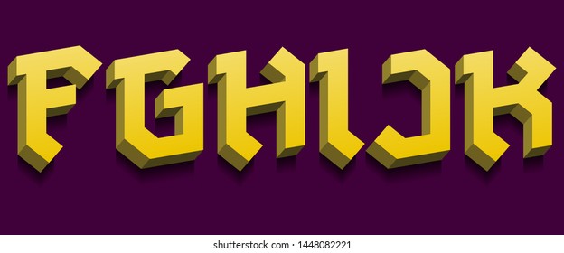 F, G, H, I, J, K yellow 3d letters. Bold volumetric font.