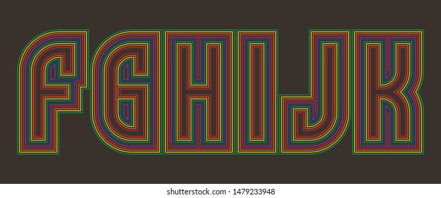 F, G, H, I, J, K multicolored lines letters. Isolated iridescent font.