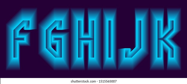 F, G, H, I, J, K letters with blue neon glow. Luminous volumetric font.