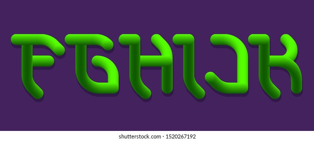 F, G, H, I, J, K green gradient 3d letters. Luminous flexible font.