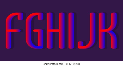 F, G, H, I, J, K blue red volumetric letters. Rounded smoldering 3d font.