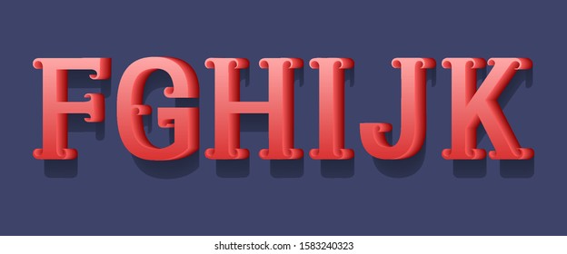 F, G, H, I, J, K red 3d letters with curly serifs. Volumetric retro font.