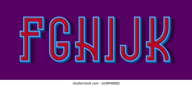 F, G, H, I, J, K blue 3d letters with red diagonal hatching inside. Urban volumetric font.