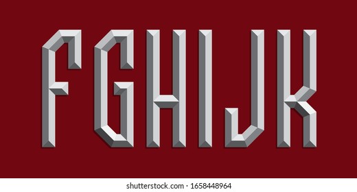 F, G, H, I, J, K metallic prismatic letters. Monochrome 3d font.