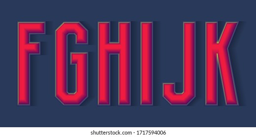 F, G, H, I, J, K red 3d letters with shadow. Volumetric display font.