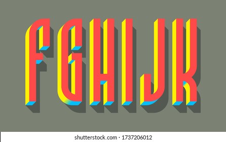 F, G, H, I, J, K red blue yellow 3d letters with shadow. Volumetric display font.